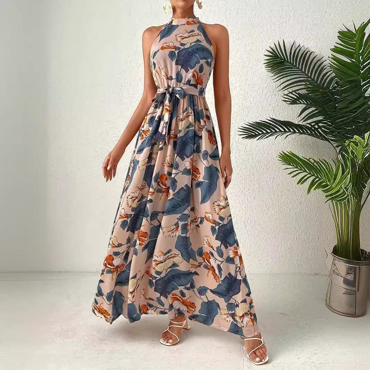 Damen Maxikleid Im Boho-Stil mit Elegantem Halterneck und Seitlichem Bindegürtel Aliams