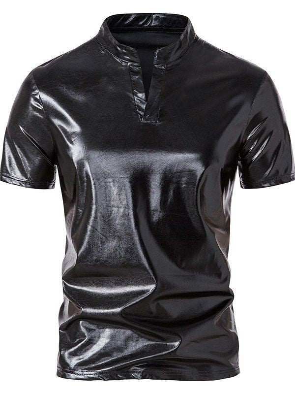 Herren glänzendes Kurzarmhemd im modernen Stehkragen-Design Aliams