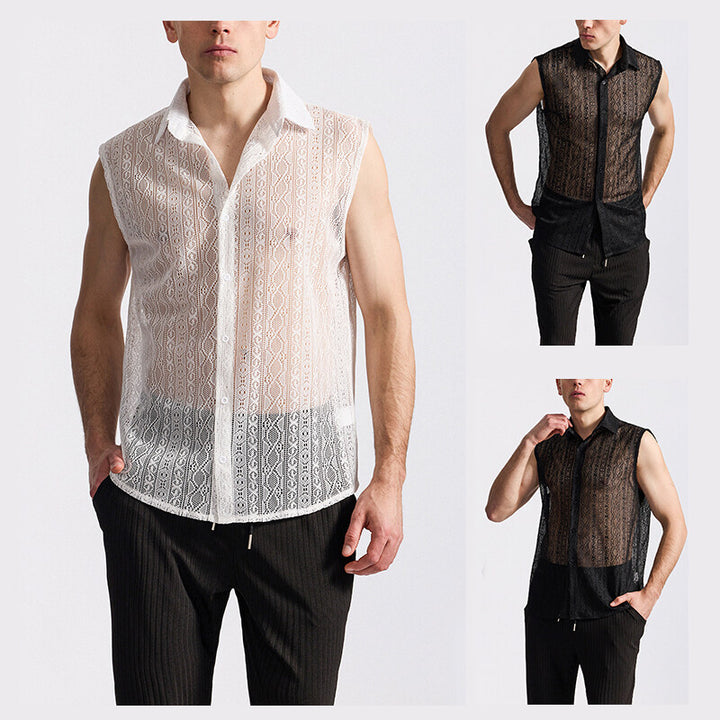 Herren ärmelloses Design-Hemd aus filigraner Spitzenstruktur Aliams