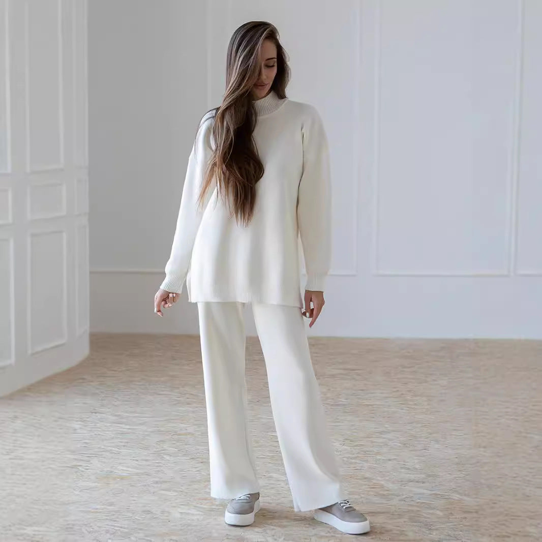 Damen weicher Strickanzug mit hohem Kragen und geradem Schnitt Aliams