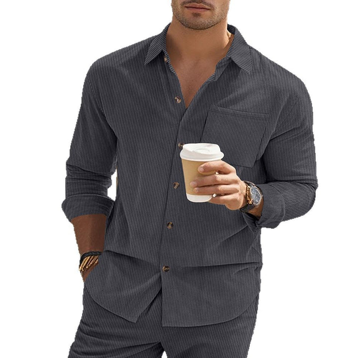 Herren gestreiftes Langarmshirt mit modischem Stehkragen und praktischer Brusttasche Aliams