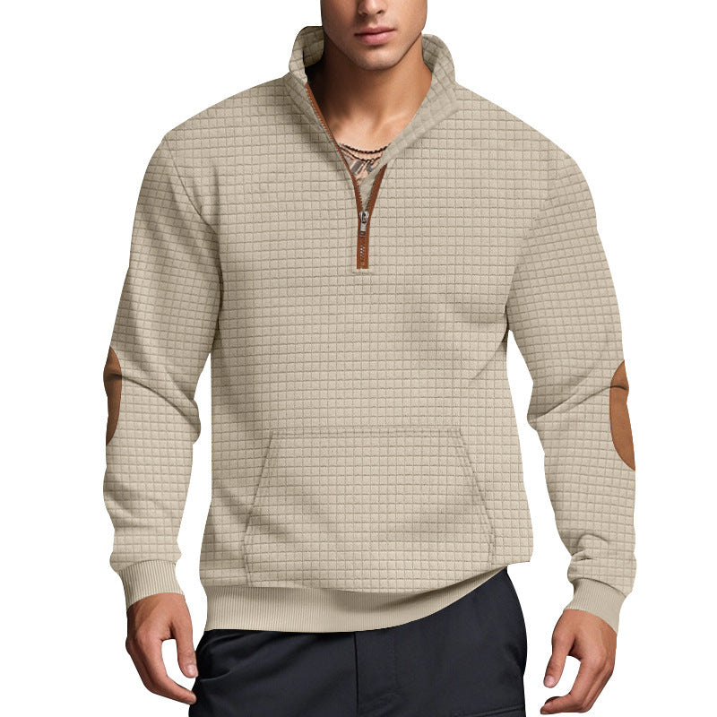 Herren sportlicher Fleece-Pullover mit halbem Reißverschluss und eleganten Ellbogen-Patches Aliams