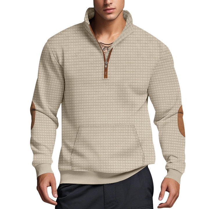 Herren sportlicher Fleece-Pullover mit halbem Reißverschluss und eleganten Ellbogen-Patches Aliams