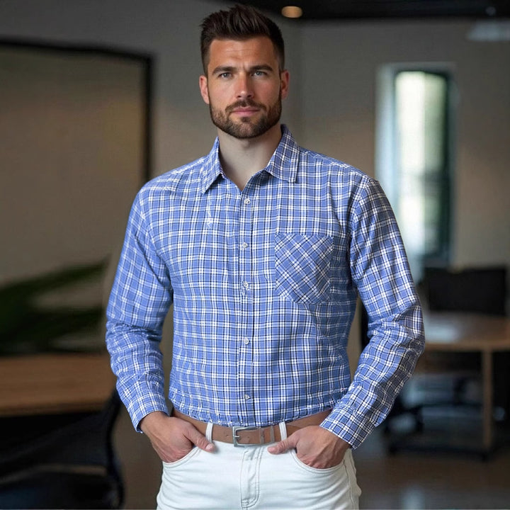 Herren kariertes Langarmhemd mit Brusttasche und feiner Struktur Aliams