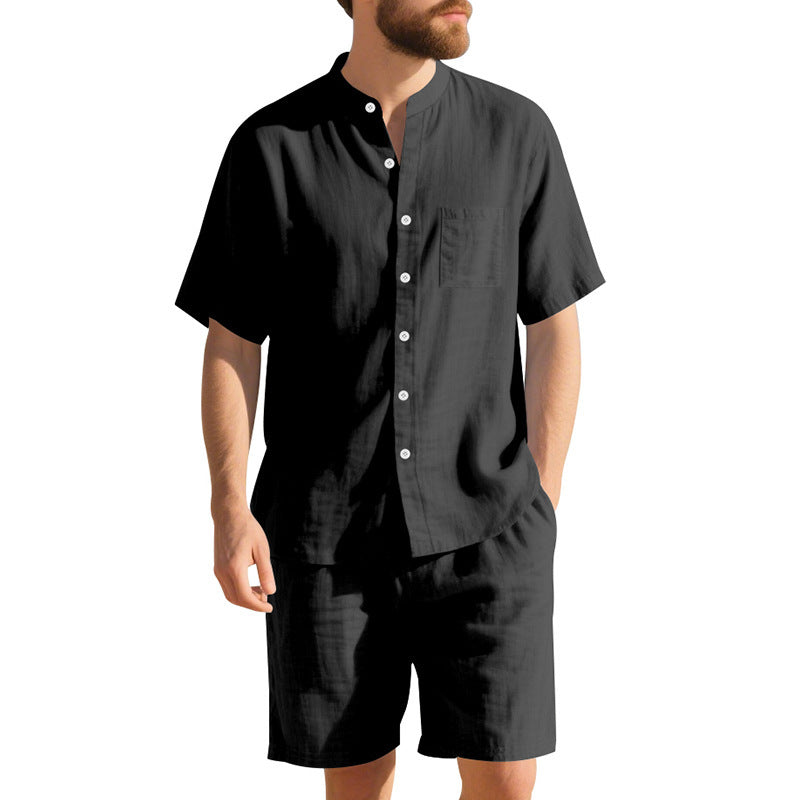 Herren Freizeit Outfit mit kurzärmligem Button-Down-Hemd und elastischen Shorts Aliams