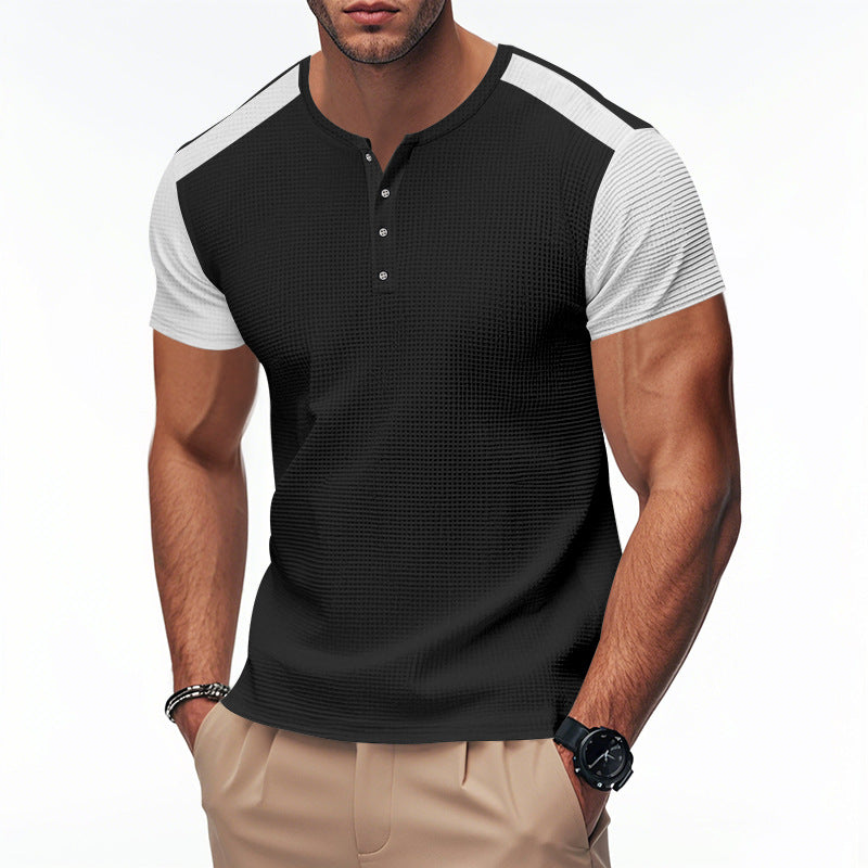 Herren Kurzarm-Henley-T-Shirt mit strukturierter Oberfläche und dezenter Knopfleiste Aliams