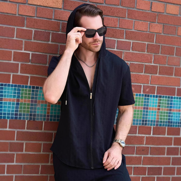 Herren Sportliches Kurzarm-Hemd mit Kapuze und Reißverschluss Aliams