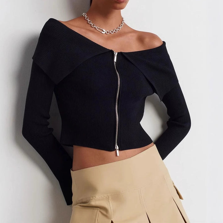Damen cropped Oberteil mit weitem Ausschnitt und Reißverschluss Aliams