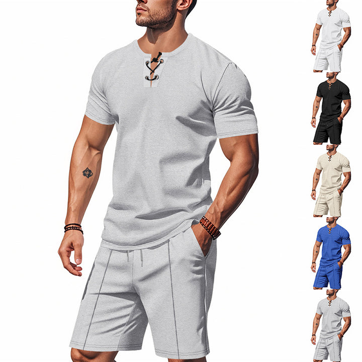 Herren Kurzarm-Henley-Set mit modischem Schnürdesign und atmungsaktivem Material Aliams