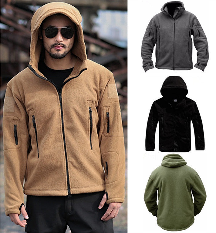 Herren Fleecejacke mit mehrfachen Taschen und verstellbarem Kapuzenkragen Aliams