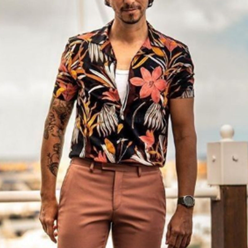 Herren Kurzarm-Hemd mit floralen Mustern und modischem Kragen Aliams