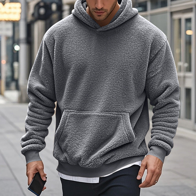Herren Hoodie aus kuscheligem Teddy-Fleece mit Kängurutasche und breiten Bündchen Aliams