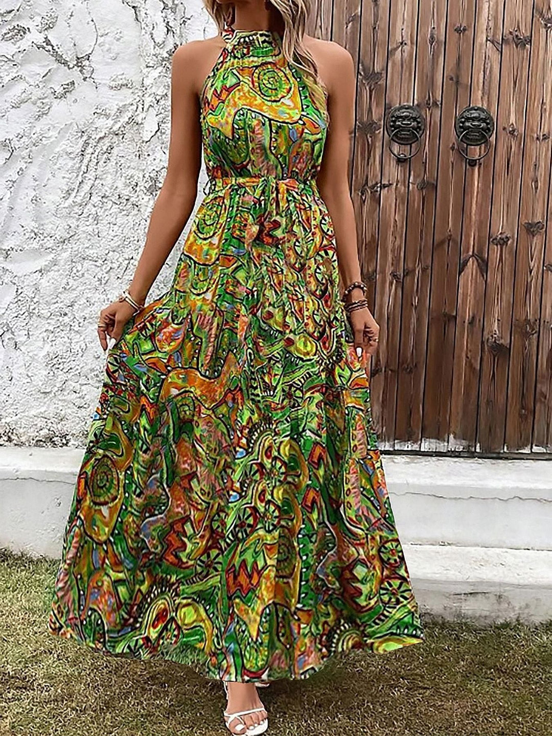 Damen Maxikleid Im Boho-Stil mit Elegantem Halterneck und Seitlichem Bindegürtel Aliams