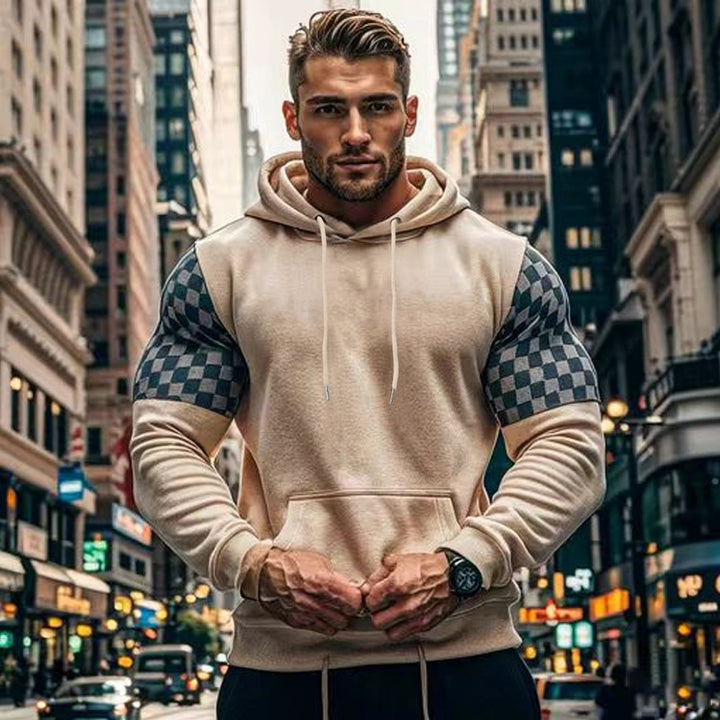 Herren Hoodie mit karierten Ärmeln und Kängurutasche Aliams