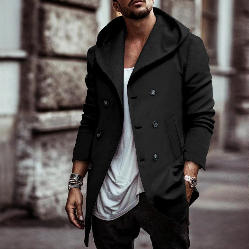 Herren urbaner Mantel mit oversized Kapuze und doppelter Knopfleiste Aliams