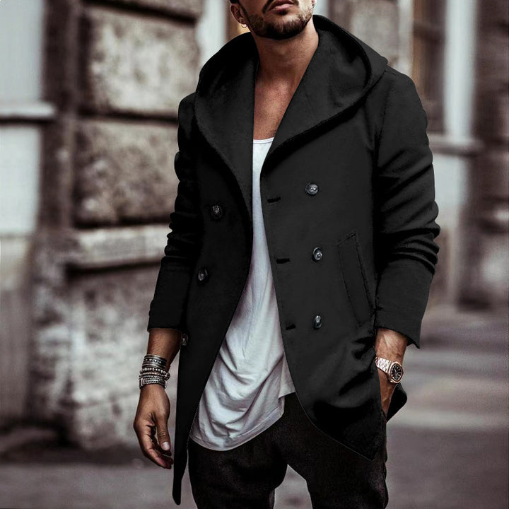 Herren urbaner Mantel mit oversized Kapuze und doppelter Knopfleiste Aliams