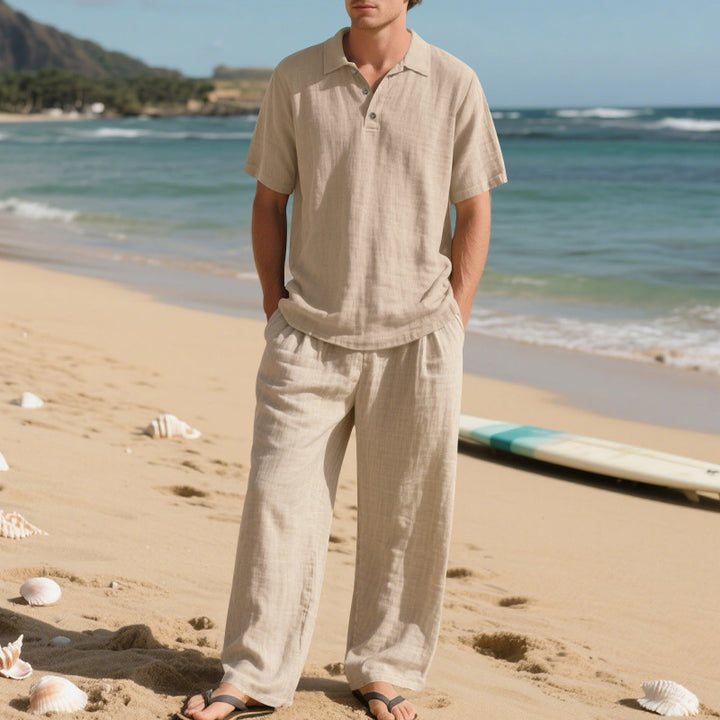 Herren elegantes Leinen-Set mit Kurzarmoberteil und weitem Hosenstil Aliams