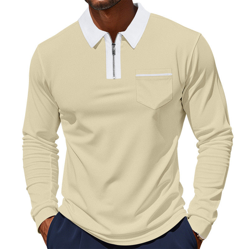 Herren Langarm-Polo mit Reißverschluss und Brusttasche Aliams