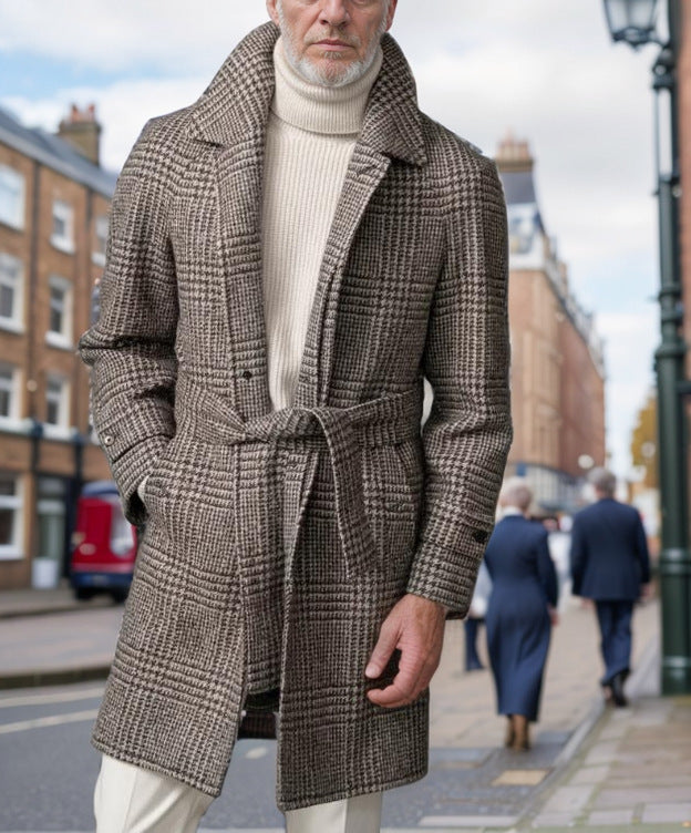 Herren eleganter Trenchcoat mit modernem Karomuster und Taillengürtel Aliams