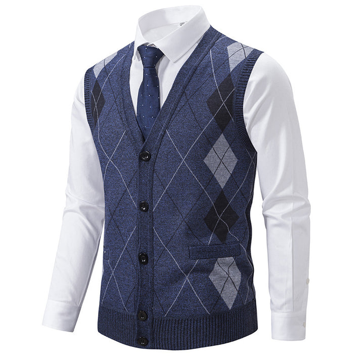 Herren elegante Strickjacke mit Rautenmuster und praktischen Taschen Aliams