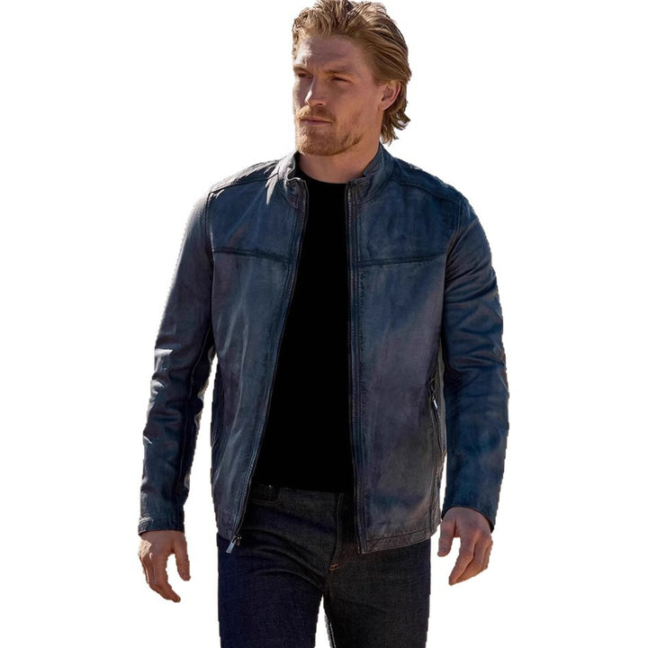 Herren hochwertige Lederjacke im modernen Biker-Stil mit praktischem Stehkragen Aliams