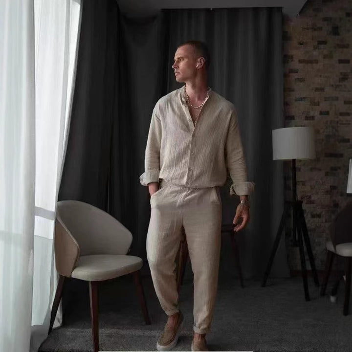 Herren elegantes Langarmhemd mit strukturiertem Gewebe und Knopfleiste Aliams