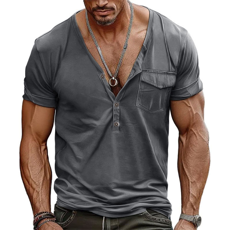 Herren Kurzarm-Henley-T-Shirt mit dekorativer Brusttasche und modernem Schnitt Aliams
