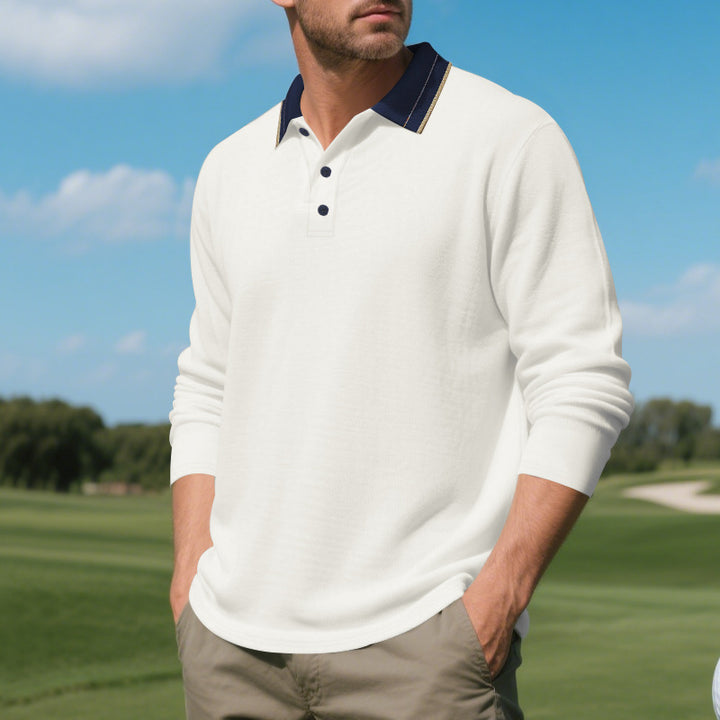 Herren elegantes Langarm-Polohemd mit kontrastierendem Kragen und modischen Knopfdetails Aliams