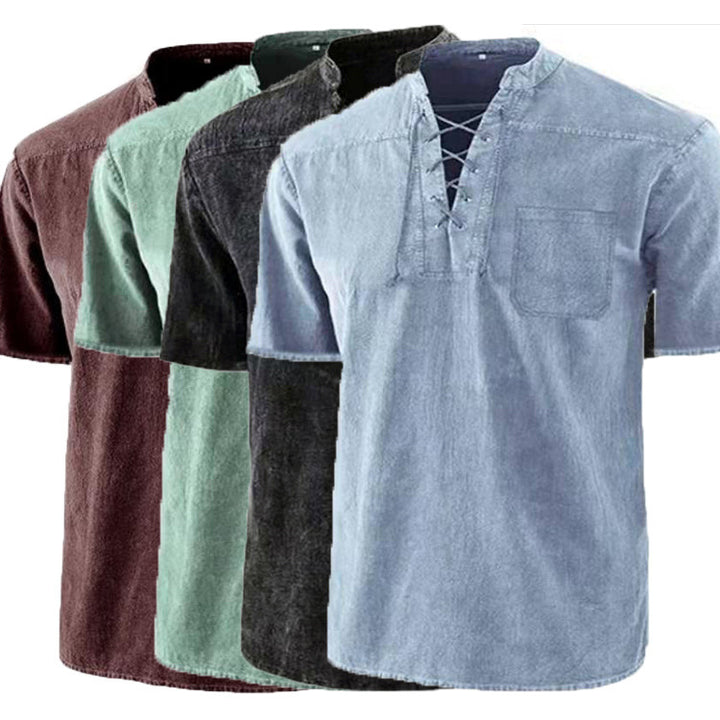 Herren Kurzarm Hemd mit modernem Schnürdesign und Brusttasche Aliams