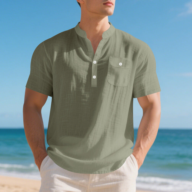 Herren Kurzarm-Hemd mit innovativem Henley-Kragen und praktischer Brusttasche Aliams