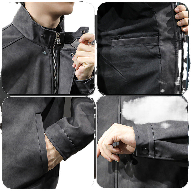 Herren stylische Kunstlederjacke mit hochgeschlossenem Kragen und praktischen Taschen Aliams