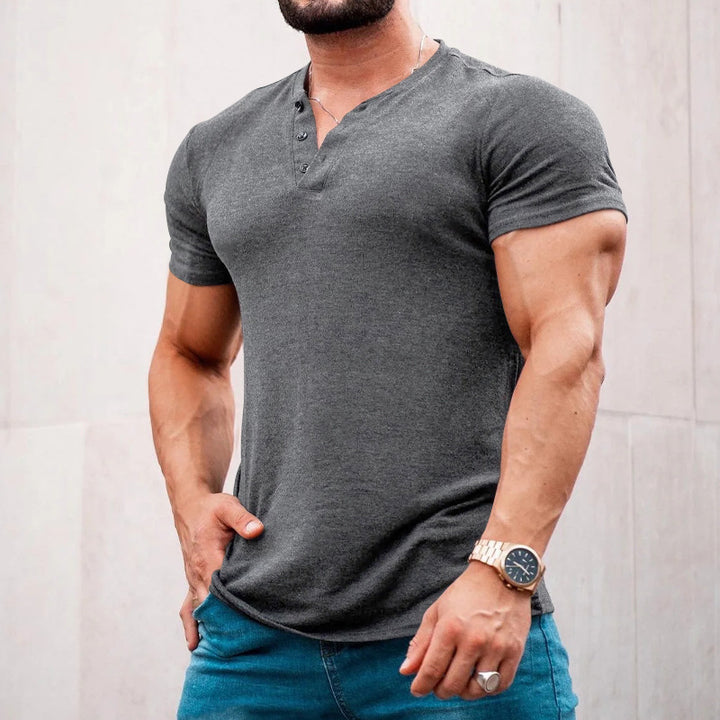 Herren Kurzarm-Henley-T-Shirt aus atmungsaktiver Baumwolle mit dekorativer Knopfleiste Aliams