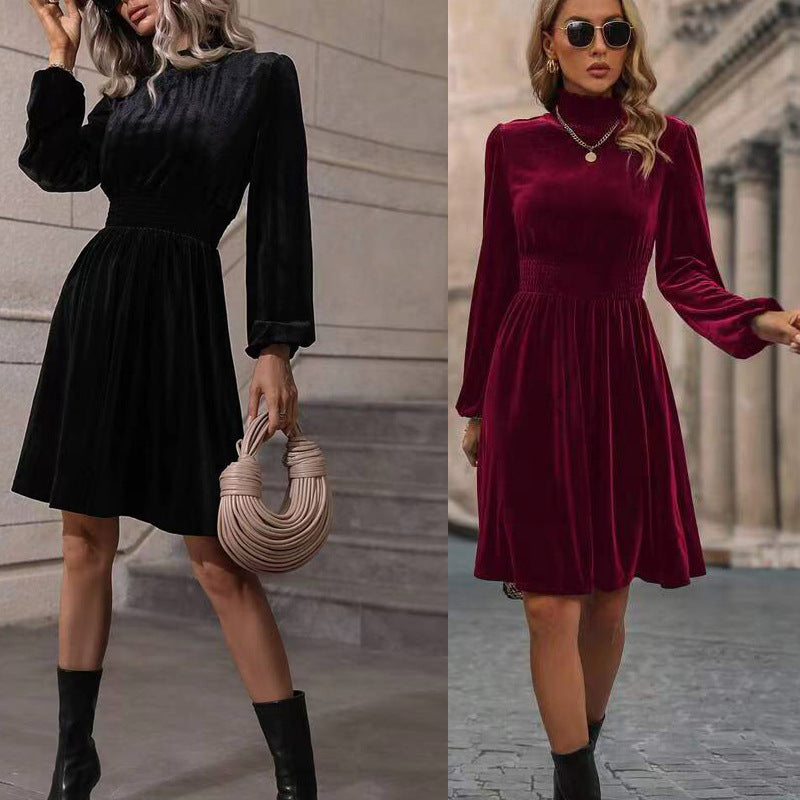 Damen Samtkleid mit hochgeschlossenem Design und eleganten langen Ärmeln Aliams