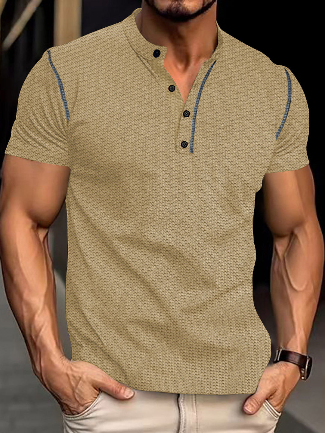 Herren Kurzarm-Henley-Shirt mit strukturiertem Design und modischem Knopfverschluss Aliams