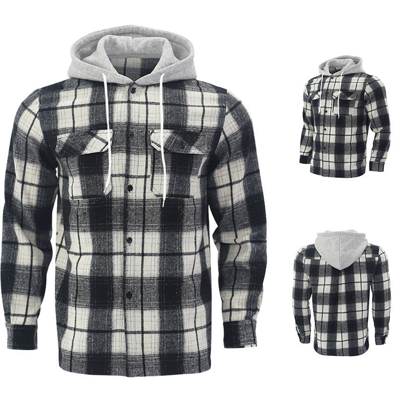 Herren Karierte Flanelljacke mit Hoodie und zwei Brusttaschen Aliams