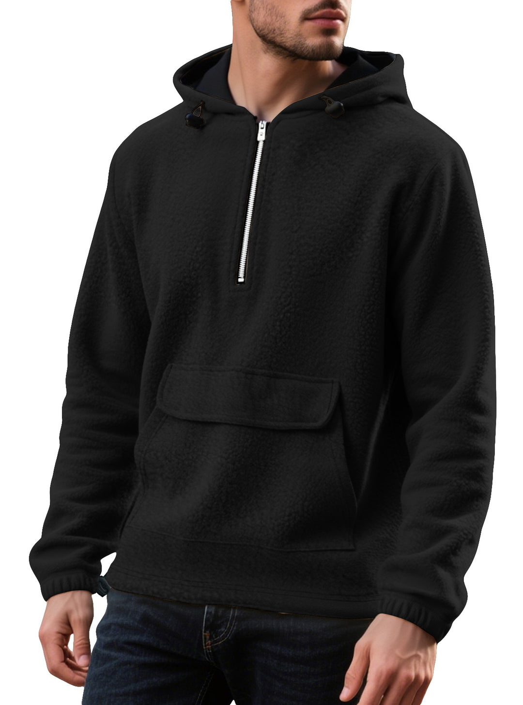 Herren Fleece-Kapuzenpullover mit halbem Reißverschluss und praktischer Kängurutasche Aliams