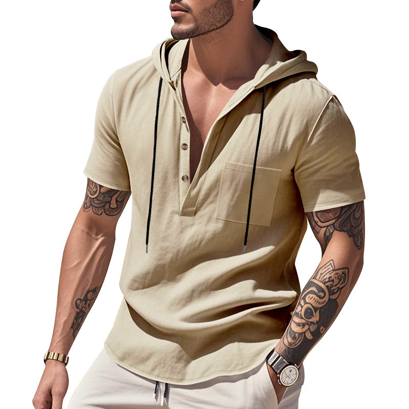Herren Kurzarm-Henley-Shirt mit praktischer Kapuze und modischen Akzenten Aliams