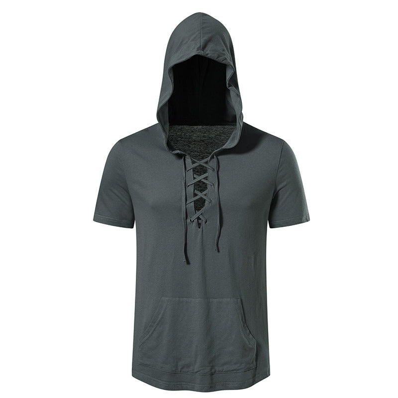 Herren Kurzarm-Hoodie mit lässigem Lacing-Design und praktischer Kängurutasche Aliams