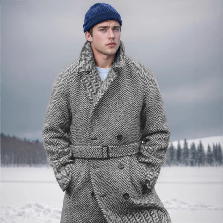 Herren eleganter Wollmantel mit Fischgrätmuster Aliams