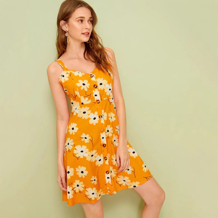 Damen Sommerkleid mit Blumenmuster und Knopfleiste Aliams