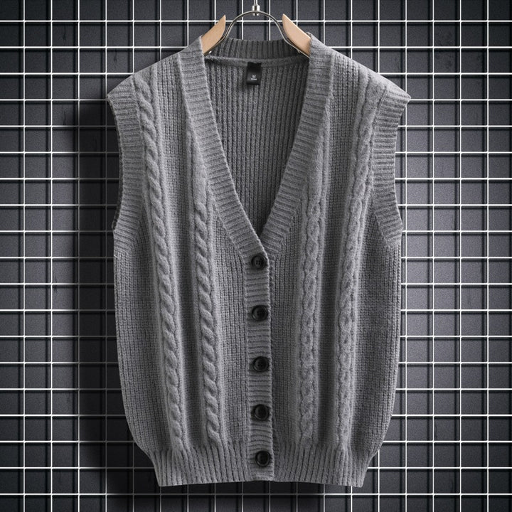 Herren ärmellose Strickjacke mit Zopfmuster und Knopfdetails Aliams