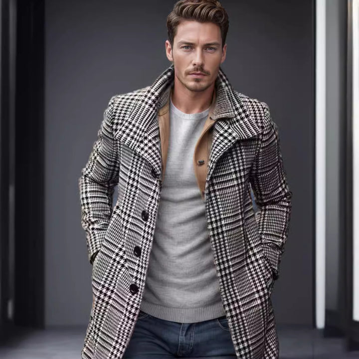 Herren eleganter Karomantel mit großflächigen Taschen und hohem Kragen Aliams