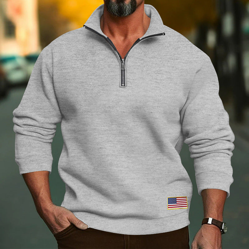 Herren Fleece-Pullover mit halbem Reißverschluss und Flaggenapplikation Aliams