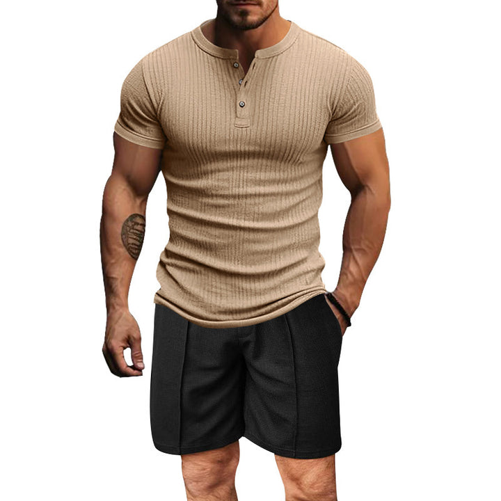 Herren atmungsaktives Henley-T-Shirt mit strukturierter Oberfläche und kurzen Ärmeln Aliams