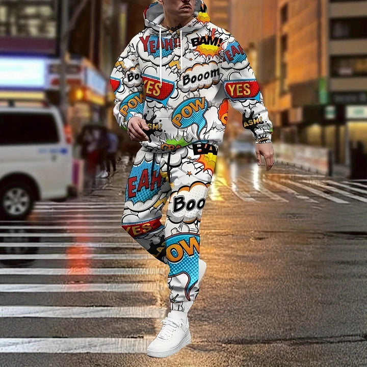 Herren Hoodie und Jogginghose im Comic-Stil mit buntem Druck Aliams