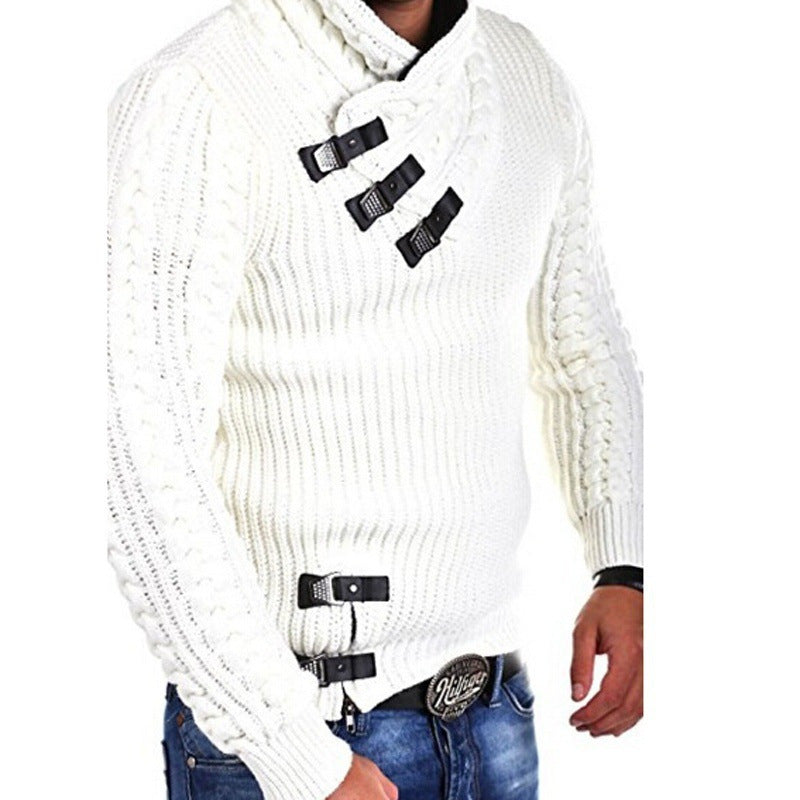 Herren Strickpullover mit hohem Kragen und dekorativen Schnallen Aliams