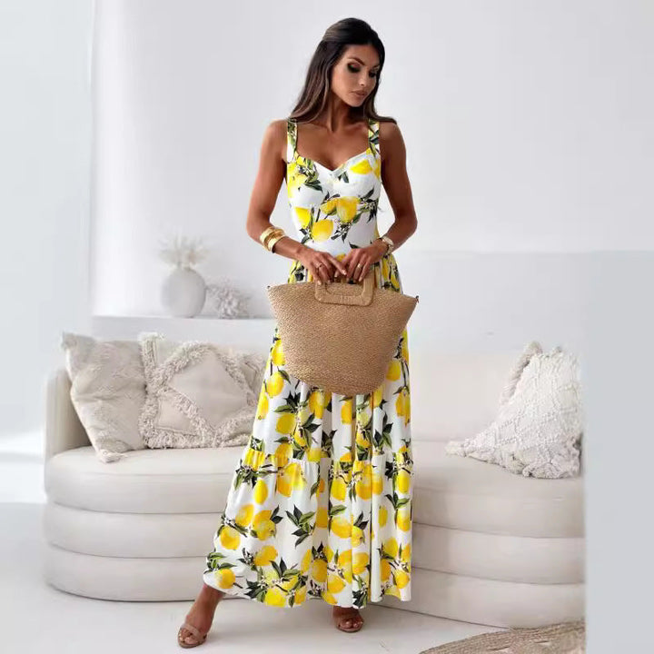 Aliams | Bedrucktes Elastisches Taillenloses Statement Maxi Kleid