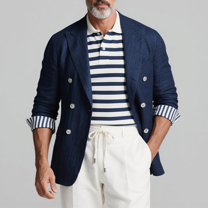 Herren elegantes Leinenblazer mit doppelter Knopfleiste und strukturierten Ärmeln Aliams