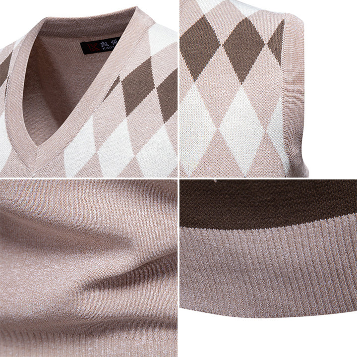 Herren ärmelloser Pullover mit rautenförmigem Muster und modernem V-Ausschnitt Aliams