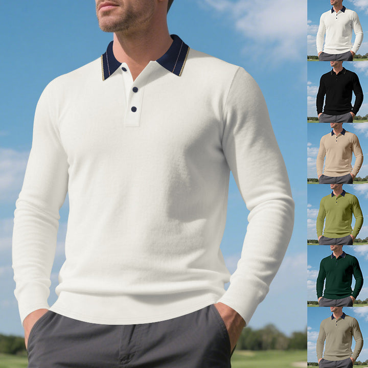 Herren elegantes Langarm-Polohemd mit kontrastierendem Kragen und modischen Knopfdetails Aliams